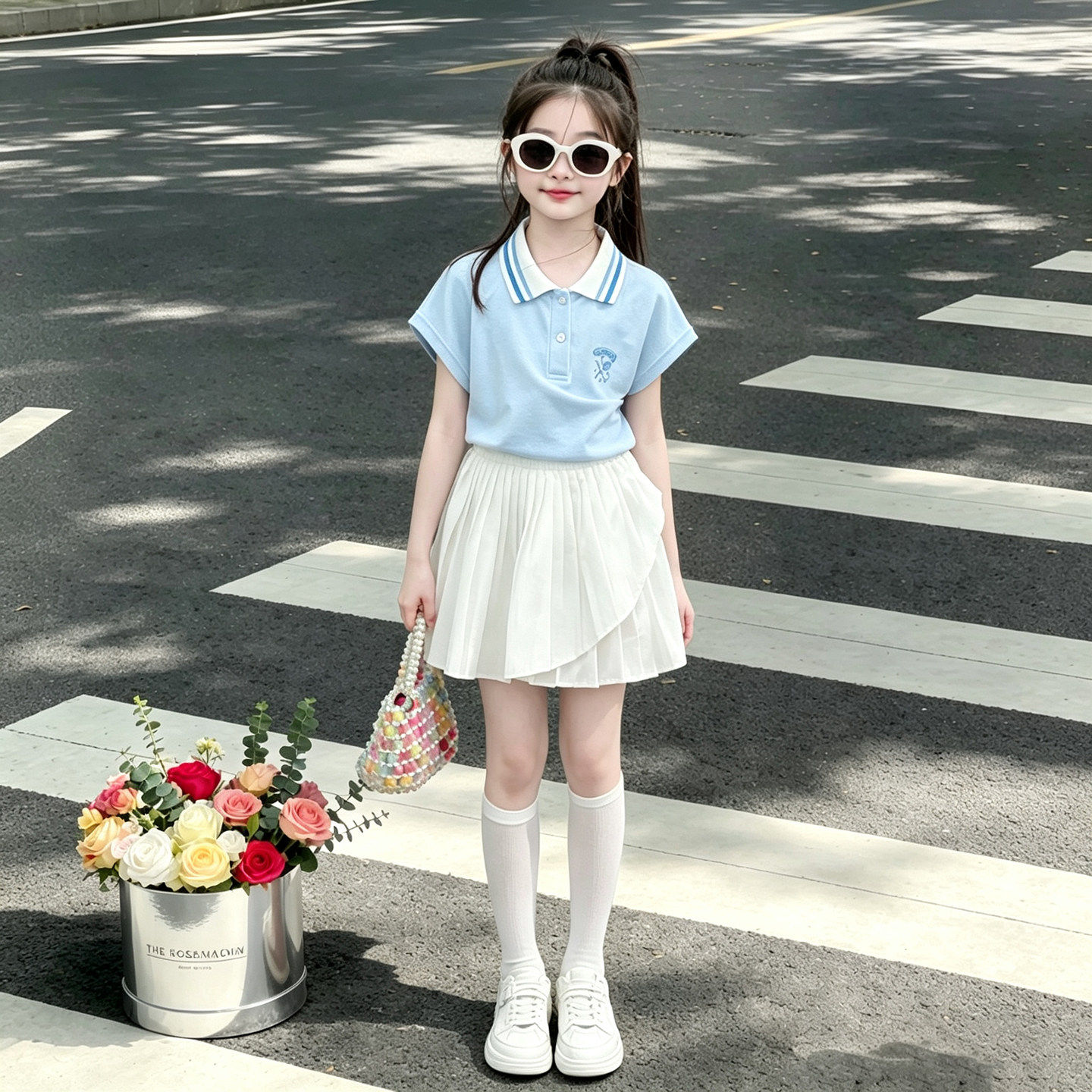 女童POLO衫套装夏季2026新款儿童洋气短袖tT恤女孩夏百褶裙两件套