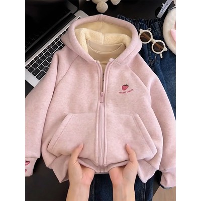 女童加绒外套秋冬款连帽开衫卫衣