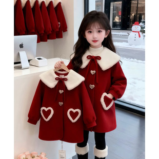 女童加绒外套冬季2026新款儿童新年上衣加厚呢子大衣红色大童冬装