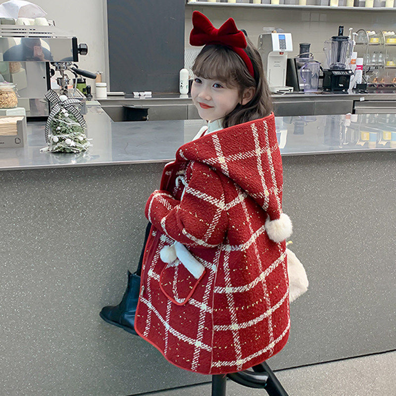 女童外套秋冬装2025新款洋气儿童呢子大衣加绒加厚小女孩红色毛呢