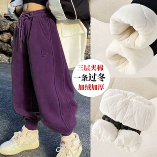 儿童棉裤三层加绒加厚北方一条过冬女童夹棉保暖裤子冬季外穿卫裤