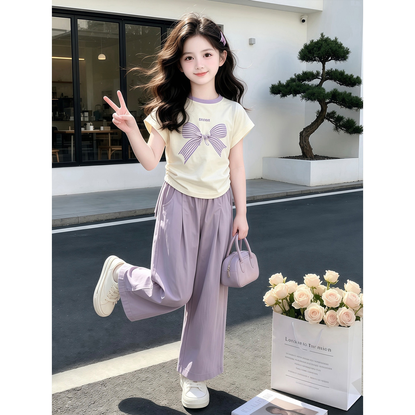女童夏季套装T恤速干阔腿裤套装图片