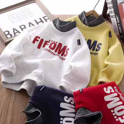 男童半高领加绒卫衣假两件上衣