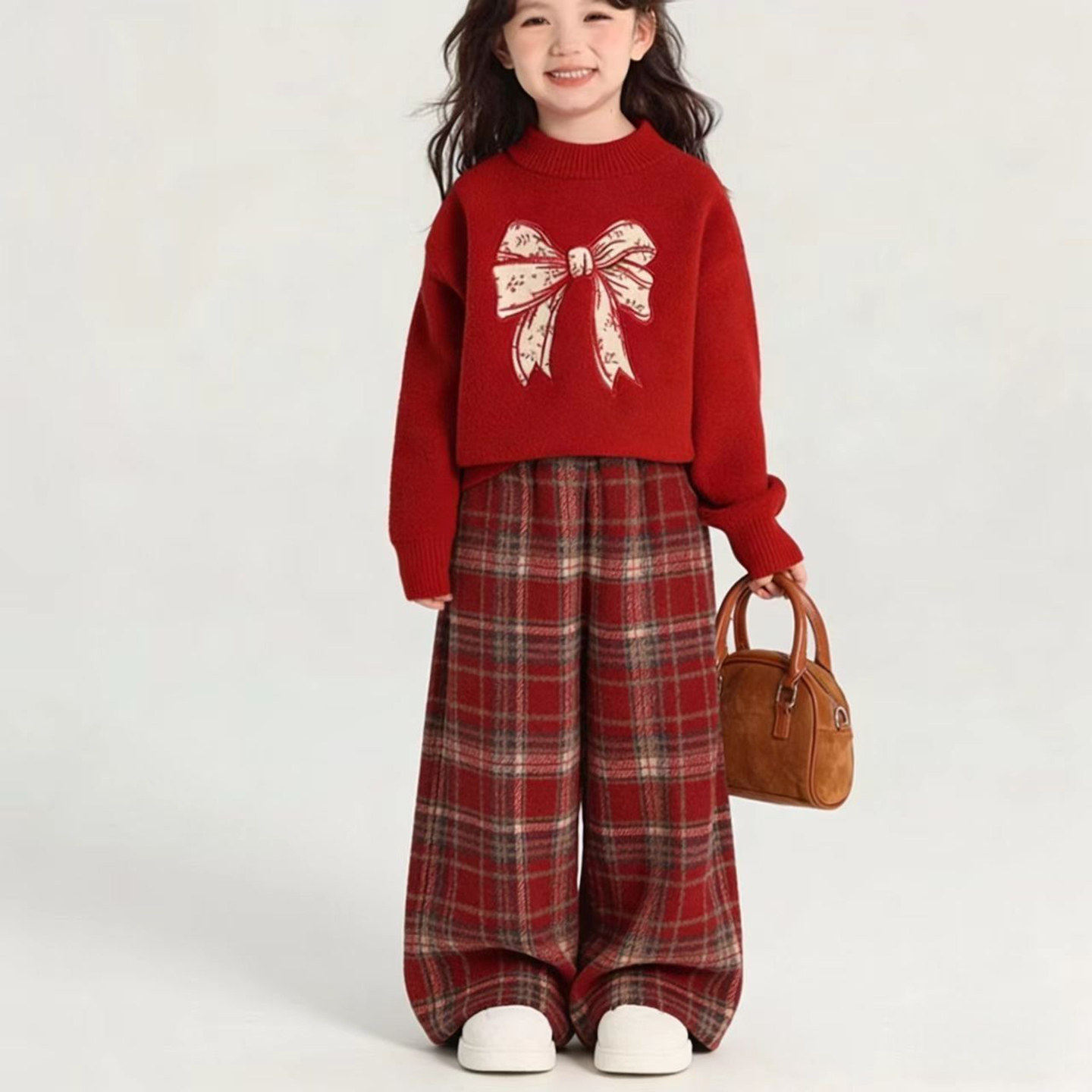 女童冬装红色针织毛衣儿童新年拜年服加绒格子阔腿裤洋气时髦套装,童装/婴儿装/亲子装,套装,淘宝优惠券,粉丝福利购,淘宝优惠卷