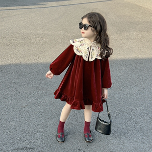 拜年服国风女童新中式连衣裙礼服新款儿童丝绒公主裙宝宝红色裙子