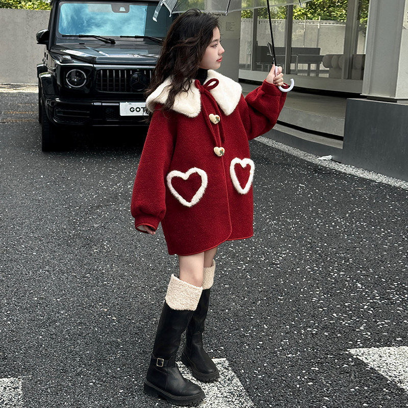 女童加绒外套秋冬款儿童冬季加厚红色呢子大衣女孩过新年拜年衣服