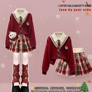 女童秋冬装红色连衣裙2026新款女大童巨好看洋气学院风百褶裙子