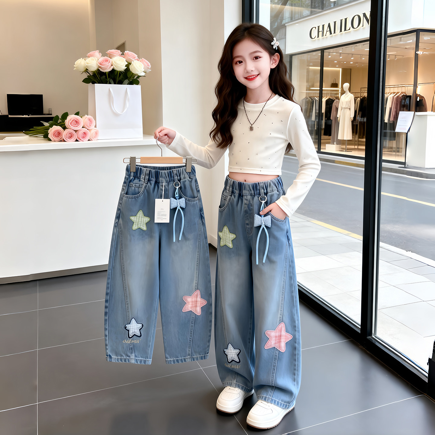 女童裤子秋季2026新款儿童洋气弯刀裤春装女大童牛仔裤时髦阔腿裤
