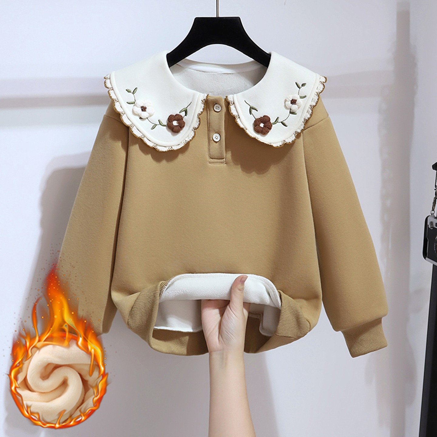 女童加绒卫衣秋冬网红炸街儿童娃娃领绣花上衣冬季加厚保暖打底衫