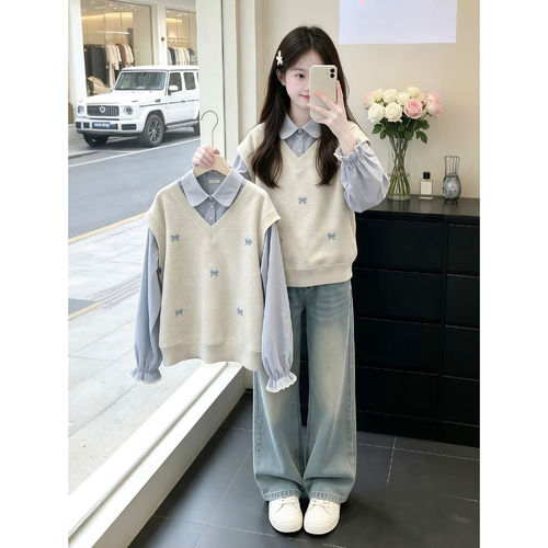 女童春秋假两件卫衣牛仔阔腿套装