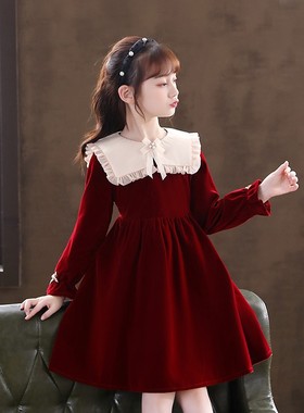 女童秋冬季连衣裙2025新款红色加绒冬裙女孩公主裙儿童装礼服裙子
