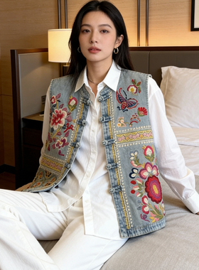 米米26年早春新中式重工刺绣盘扣背心牛仔马甲R90948