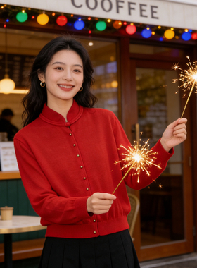 米米26年早春新年限定款红色新中式立领羊绒衫（含100羊绒）R9095