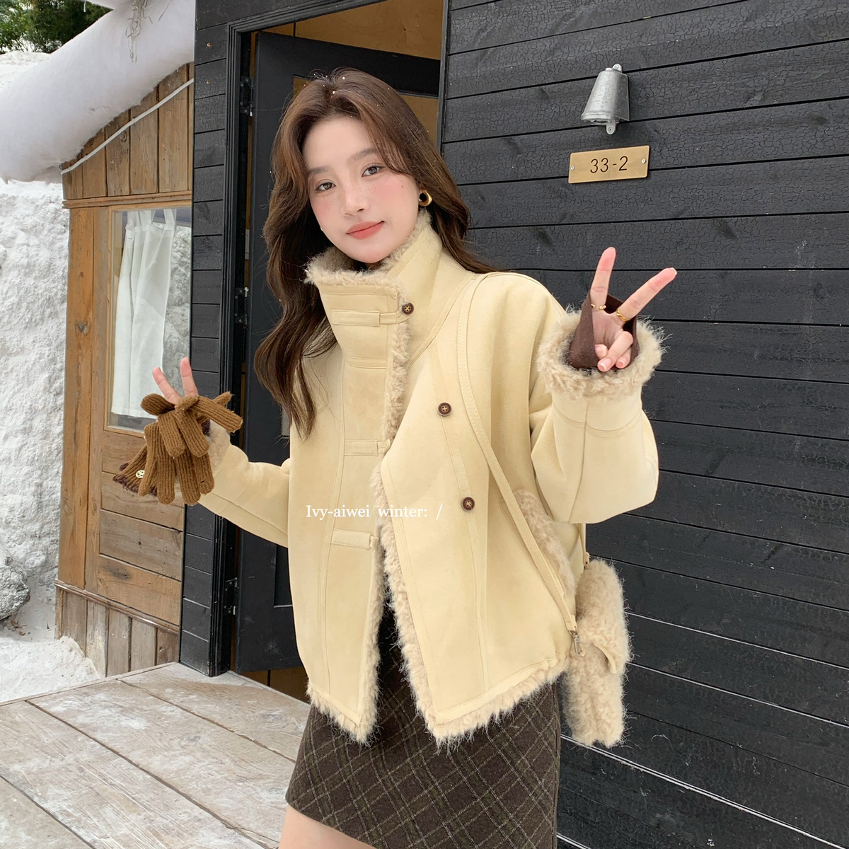 米米韩系立领氛围感麂皮绒仿皮毛一体短外套(配包包)83081