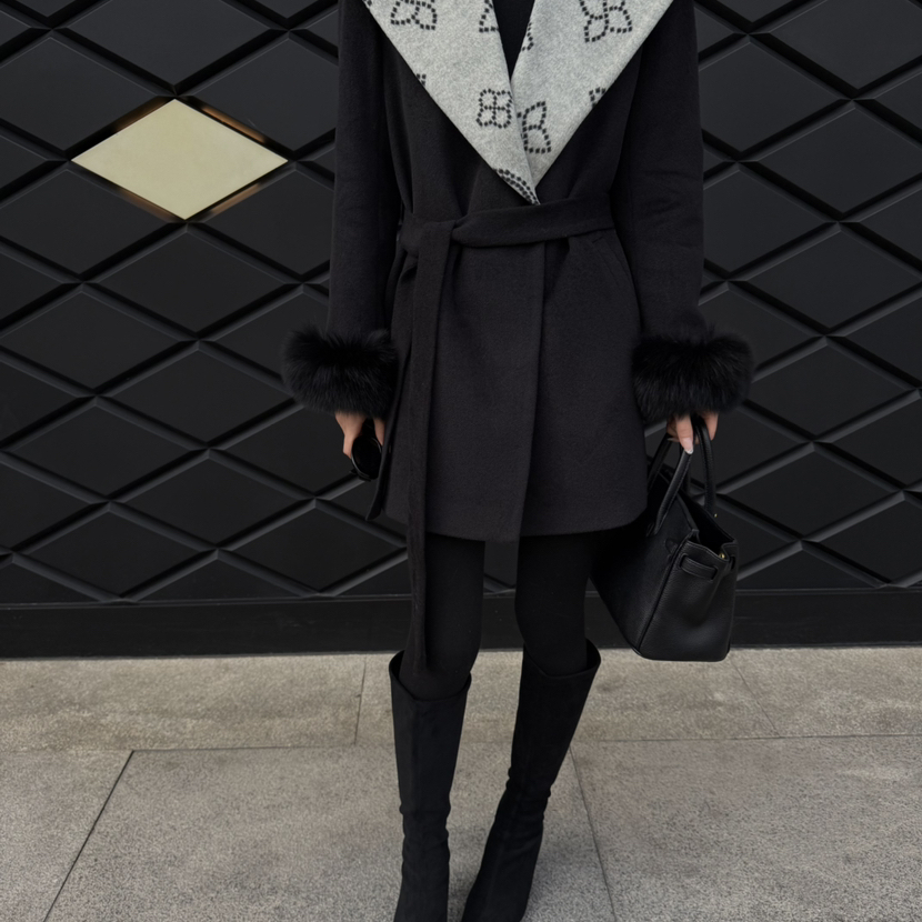 米米店大翻领系带保暖羽绒服外套(配可拆真狐狸袖口毛+腰带)933