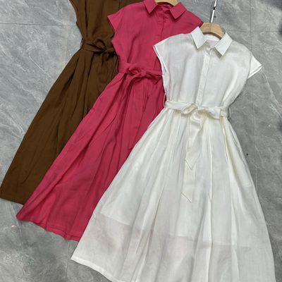 米米小众设计lo领衬衫裙2026夏款系带收腰大摆连衣裙(配腰带)A999