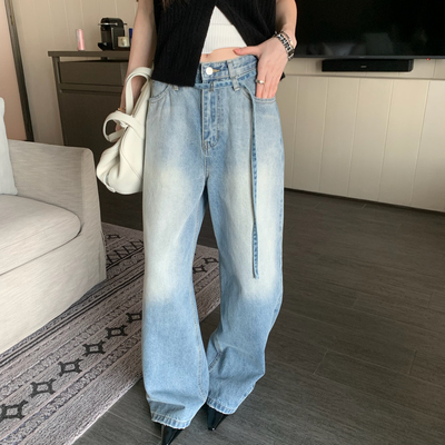 米米百搭腰绳设计高腰阔腿气质复古春拖地裤牛仔裤(配腰绳)9611