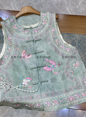 米米设计年早春极简大牌老钱新中式桑蚕丝绣花盘扣马甲YS13-t178