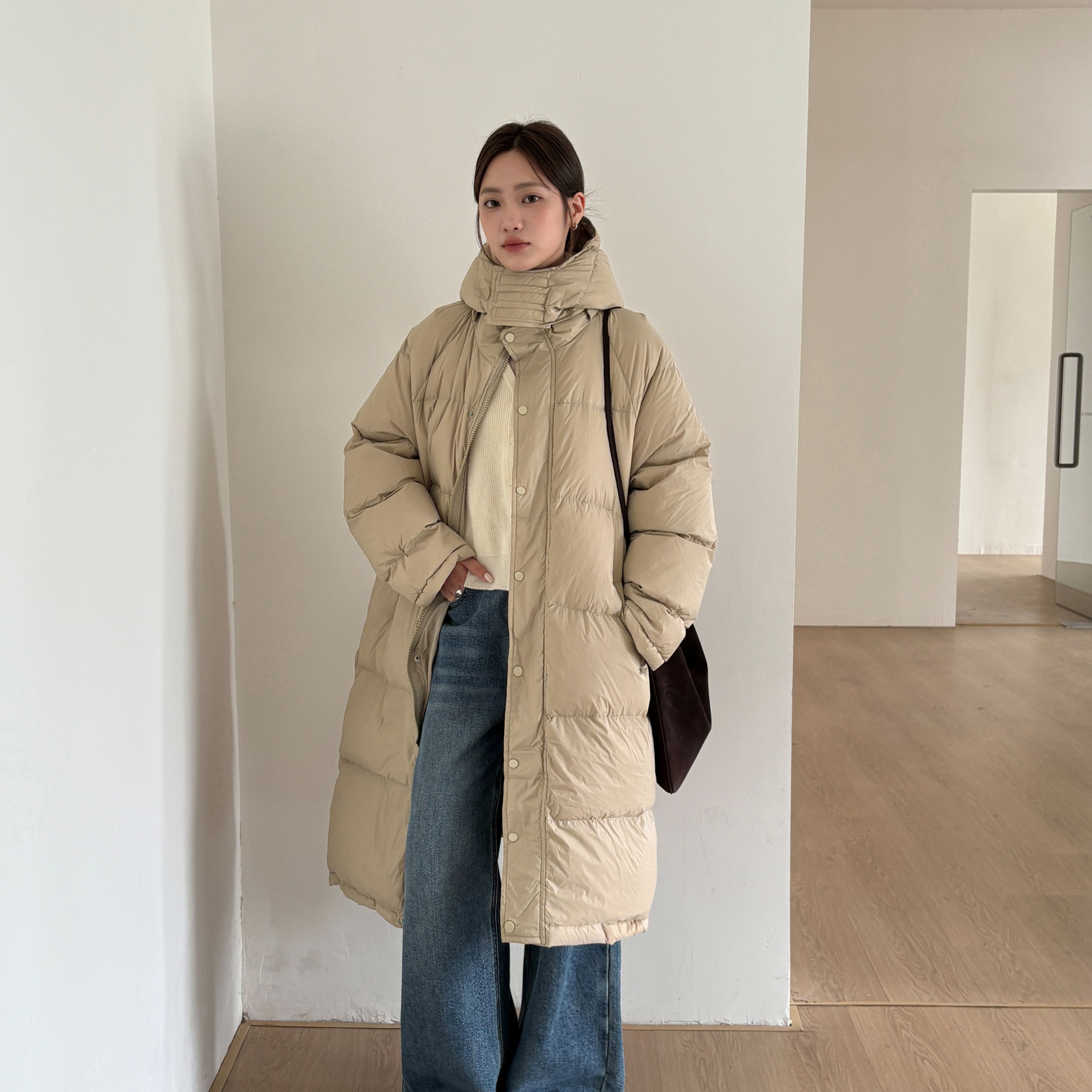 米米韩系简约连帽加厚面包服长款保暖羽绒服外套YS2-21789