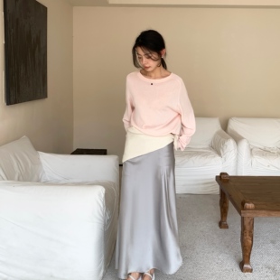 米米春季焕新法式温柔缎面鱼尾高智淡人风A字半身裙LA501302677