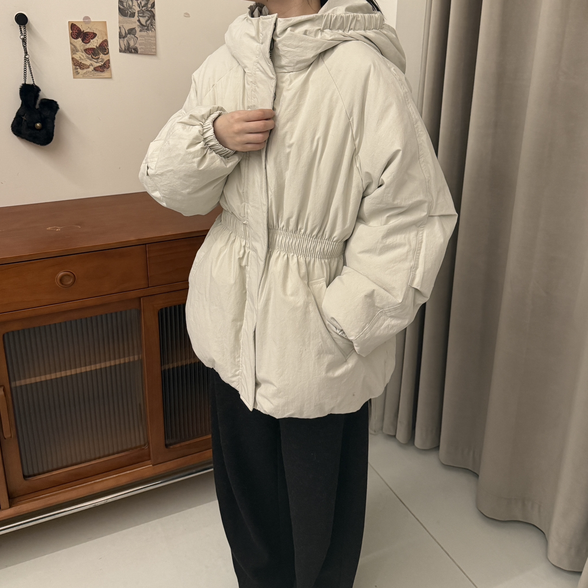 米米冬上新韩系简约连帽一手长收腰保暖羽绒服外套LW5812