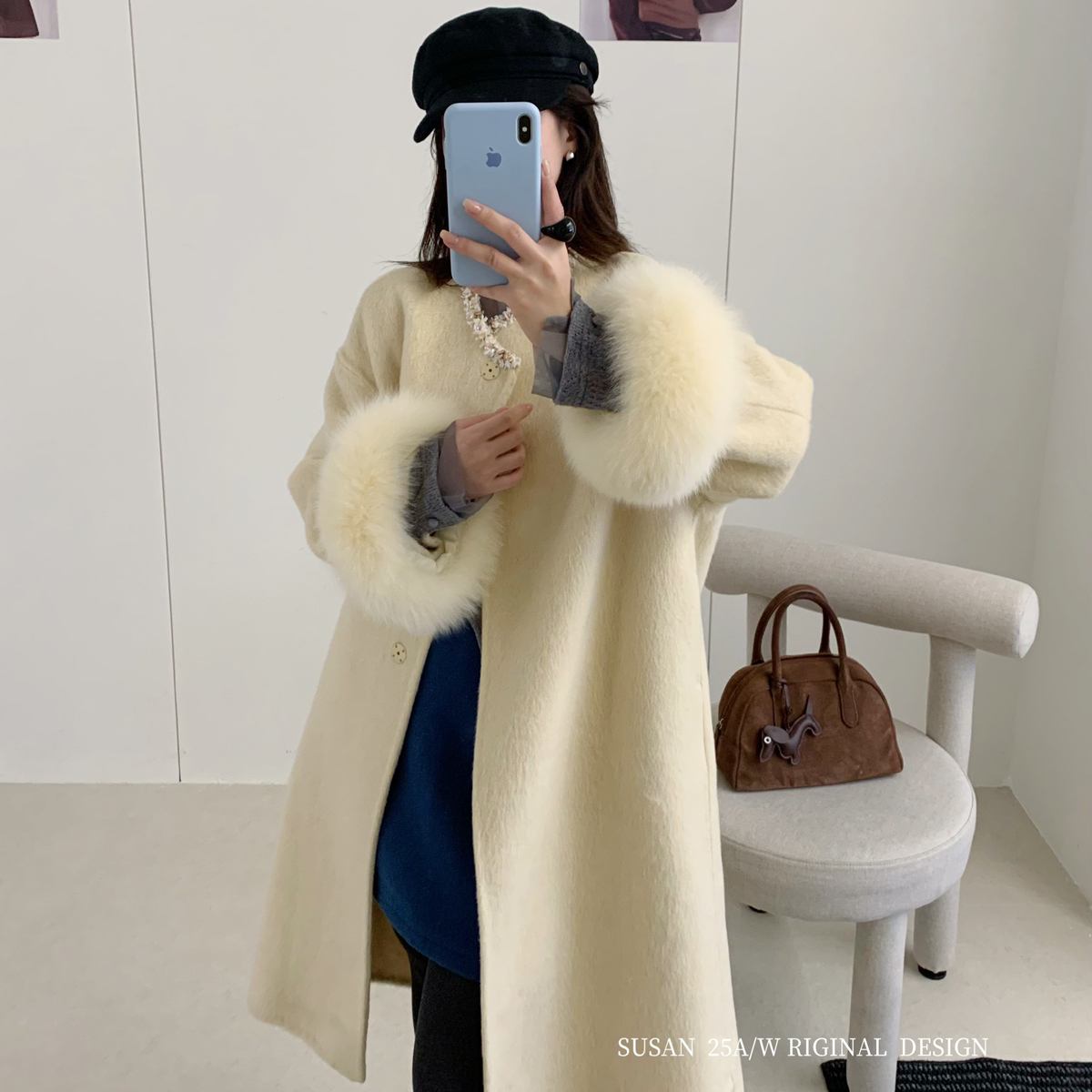 米米冬日出片神器爆款气质优雅毛袖羊毛外套(含70羊毛)1030s