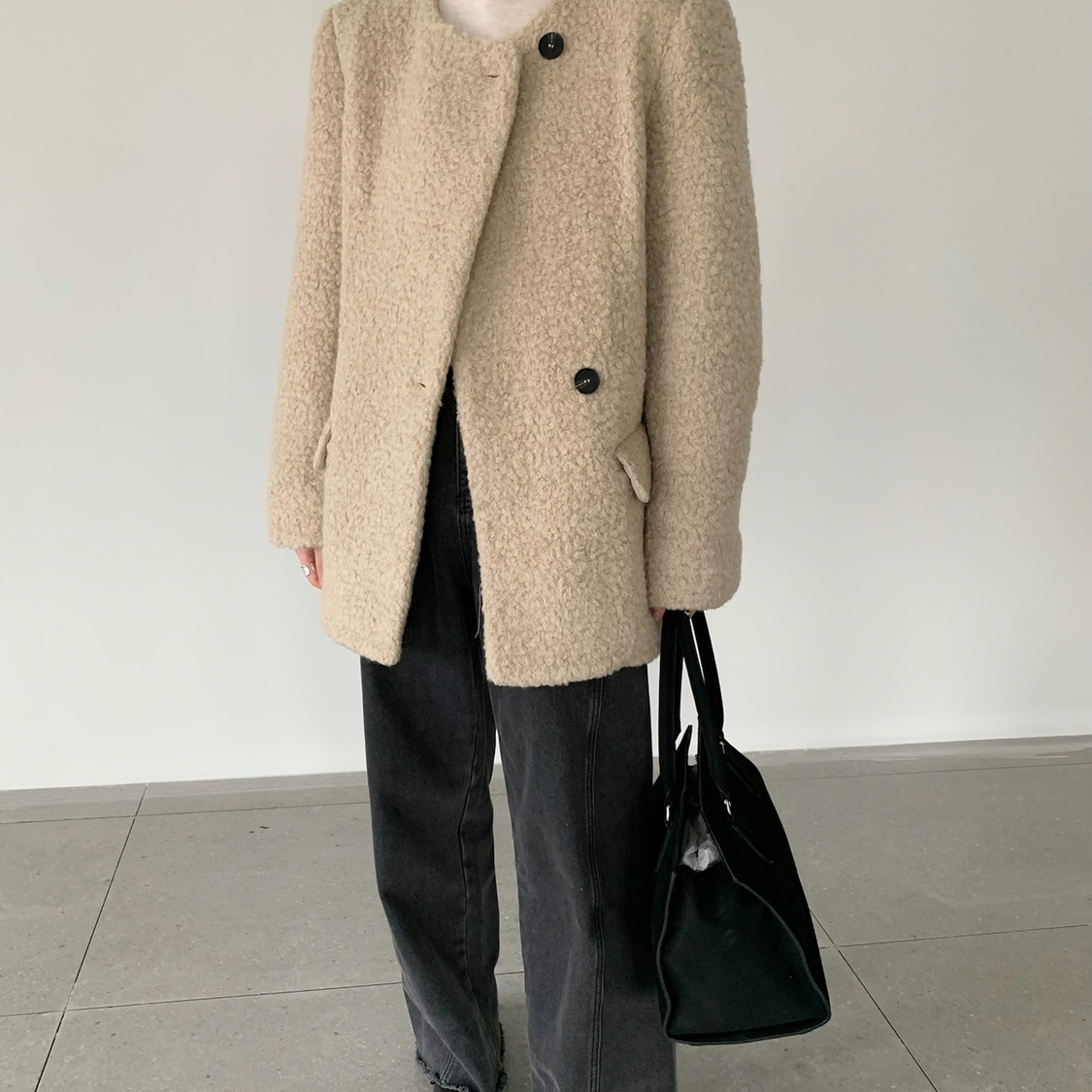 米米感宽松无领加厚显瘦侧扣羊毛外套上衣大衣(含40羊毛)9887-1