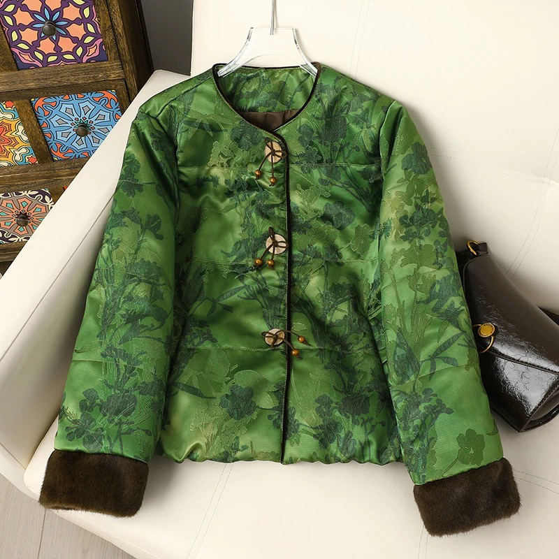 米米新冬季新中式国风保暖提花加厚宽松仿水貂毛棉服MMGZ0148589