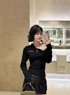 米米设计小众设计师潮牌网红辣妹翻领斜扣百搭长袖针织开衫Q158