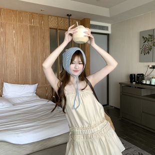 米米店韩系气质小女人拼接立体抽褶木耳边A系吊带连衣裙A229180