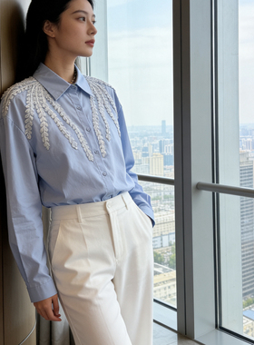米米26年早春重工刺绣气质百搭休闲宽松版衬衫R90944
