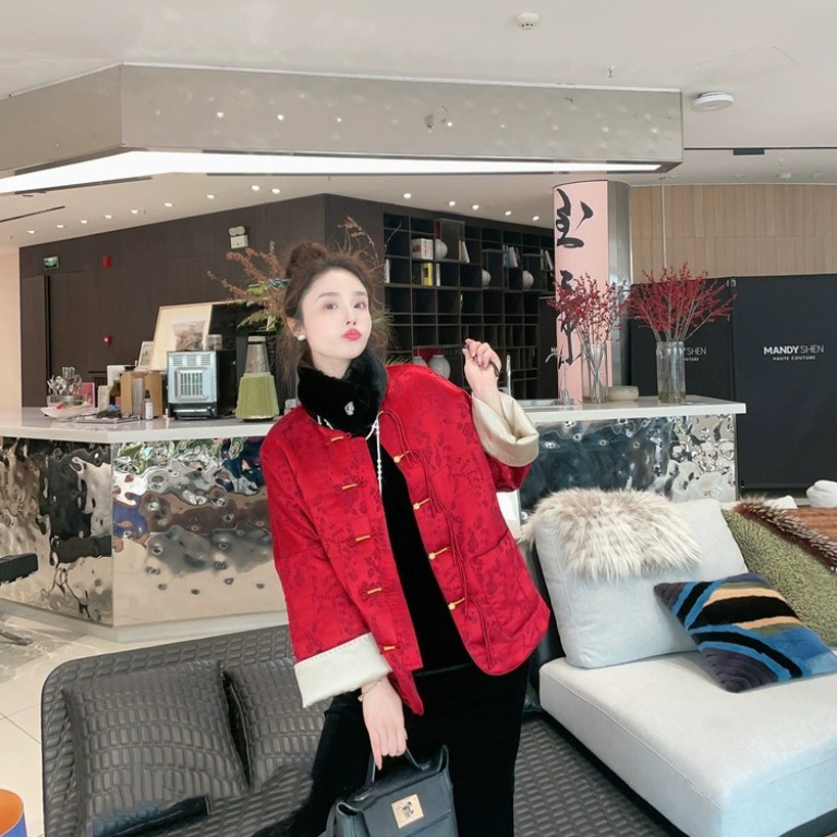 米米设计蚕丝提花新中式特色纯手工金丝线盘扣保暖棉服外套t2016