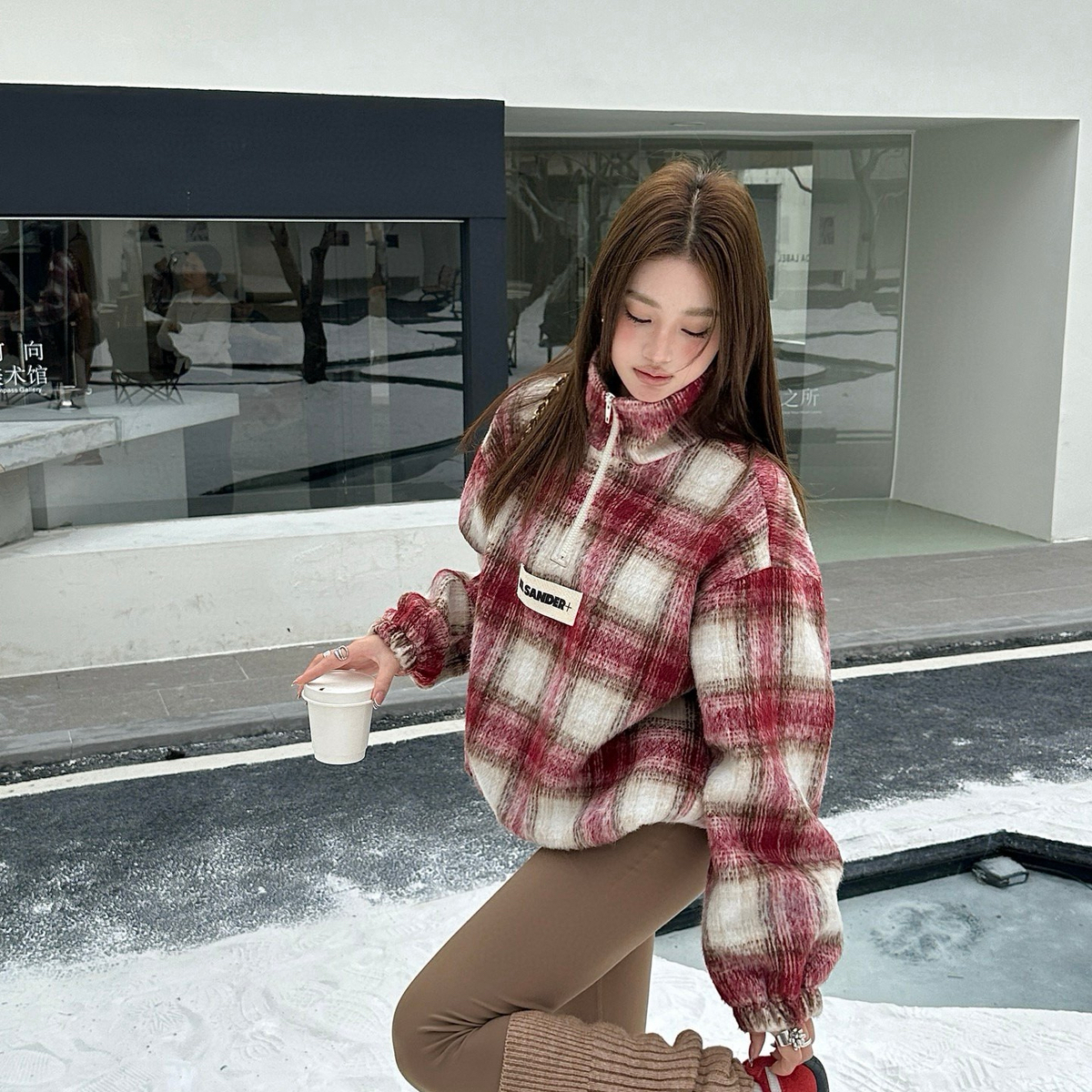 米米冬上新小众设计师潮牌复古混纺格纹加厚卫衣V265