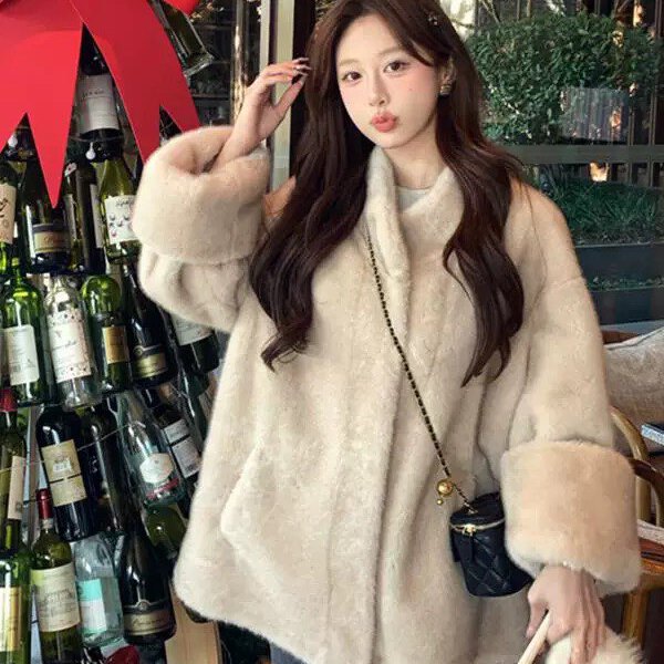 米米设计千金风中古皮草仿水貂毛仿皮毛一体保暖外套大衣H7756
