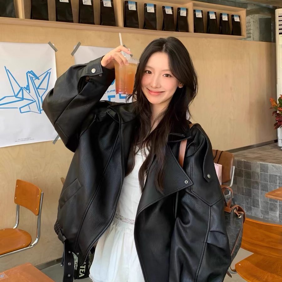 米米欧货洋气翻领拉链机车荔枝纹短款外套皮衣A66996