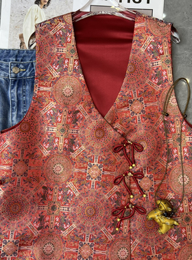 米米26年早春上新新中式红色盘扣蝴蝶结桑蚕丝提花马甲371