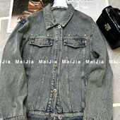 米米小众设计26年早春重工刺绣撞色花纹翻边钉珠牛仔外套J561