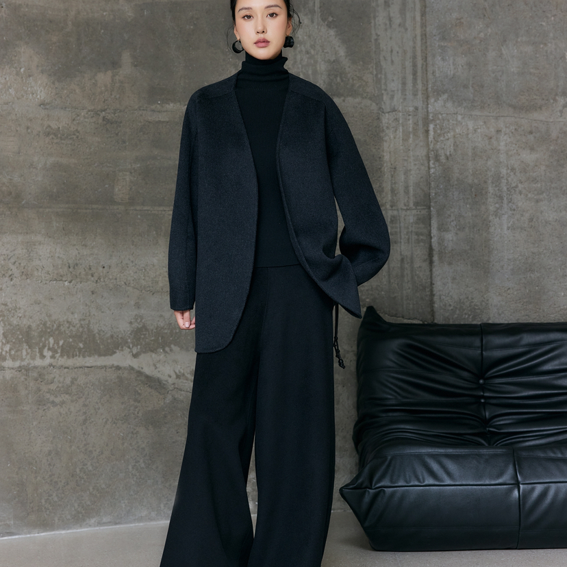 米米设计经典宽松时尚气质小众短外套(配腰带)（含70澳毛）轻起-8