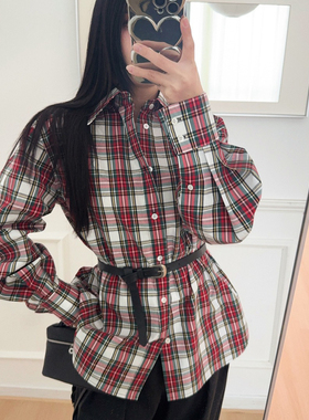 米米年早春上新小众设计红格纹宽松遮肉显瘦休闲中常款衬衫15173