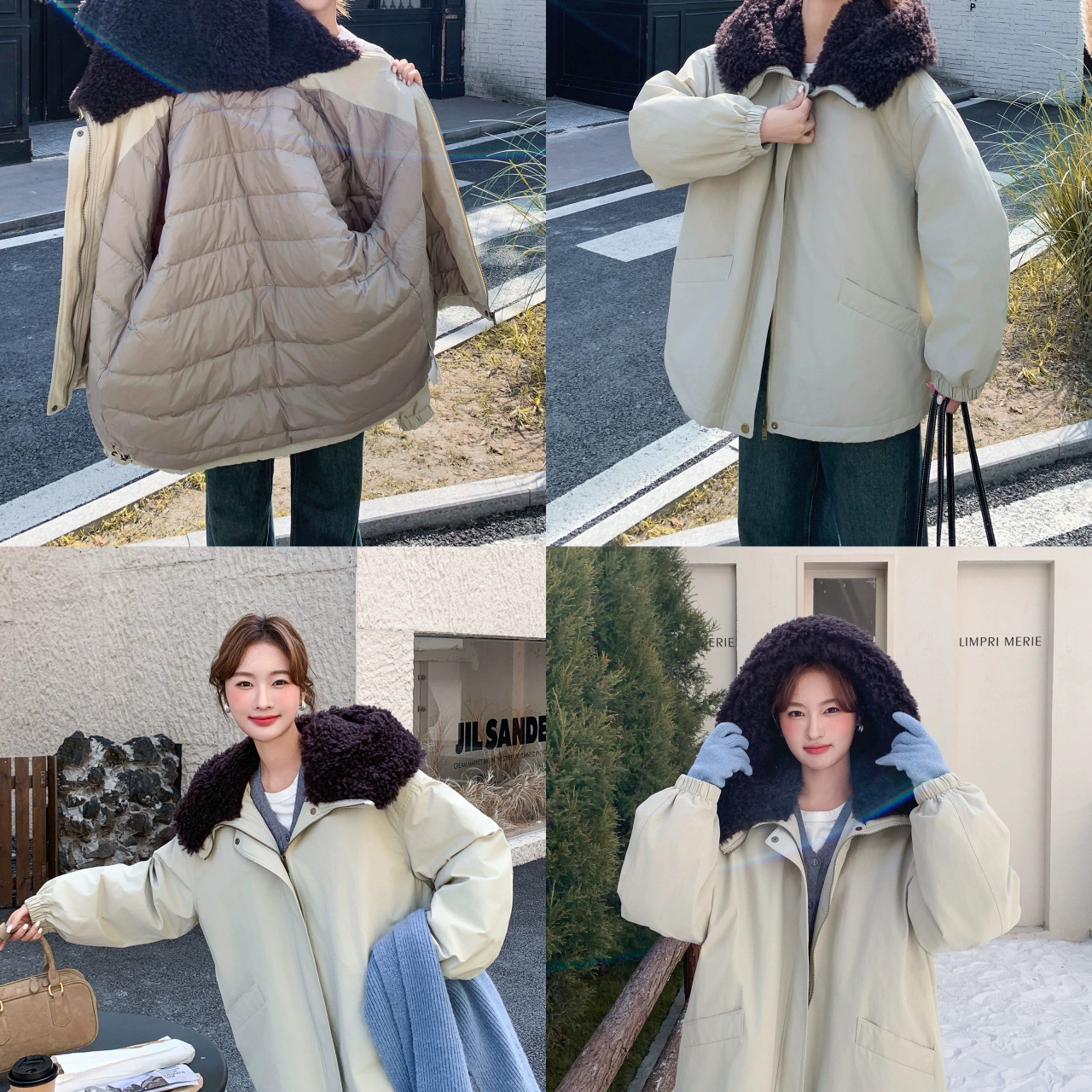 米米巨好看设计感拼接仿羊羔毛时尚宽松保暖棉服外套97619