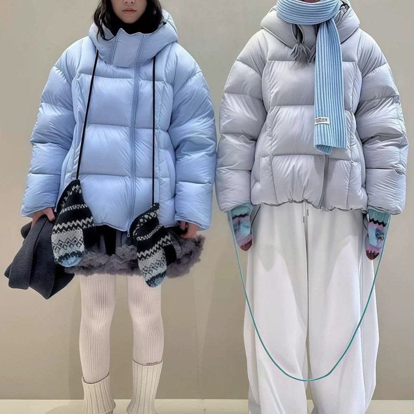 米米冬上新连帽加厚双拉链宽松廓形保暖羽绒服(含90白鸭绒)87081