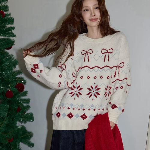 米米冬上新韩系慵懒圣诞穿搭费尔岛提花套头保暖毛衣K1690