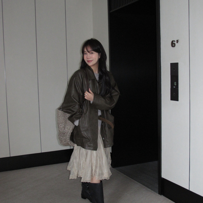 FEEL BLESSE米米26年早春小众设计师品牌休闲复古压线皮衣AXW6100