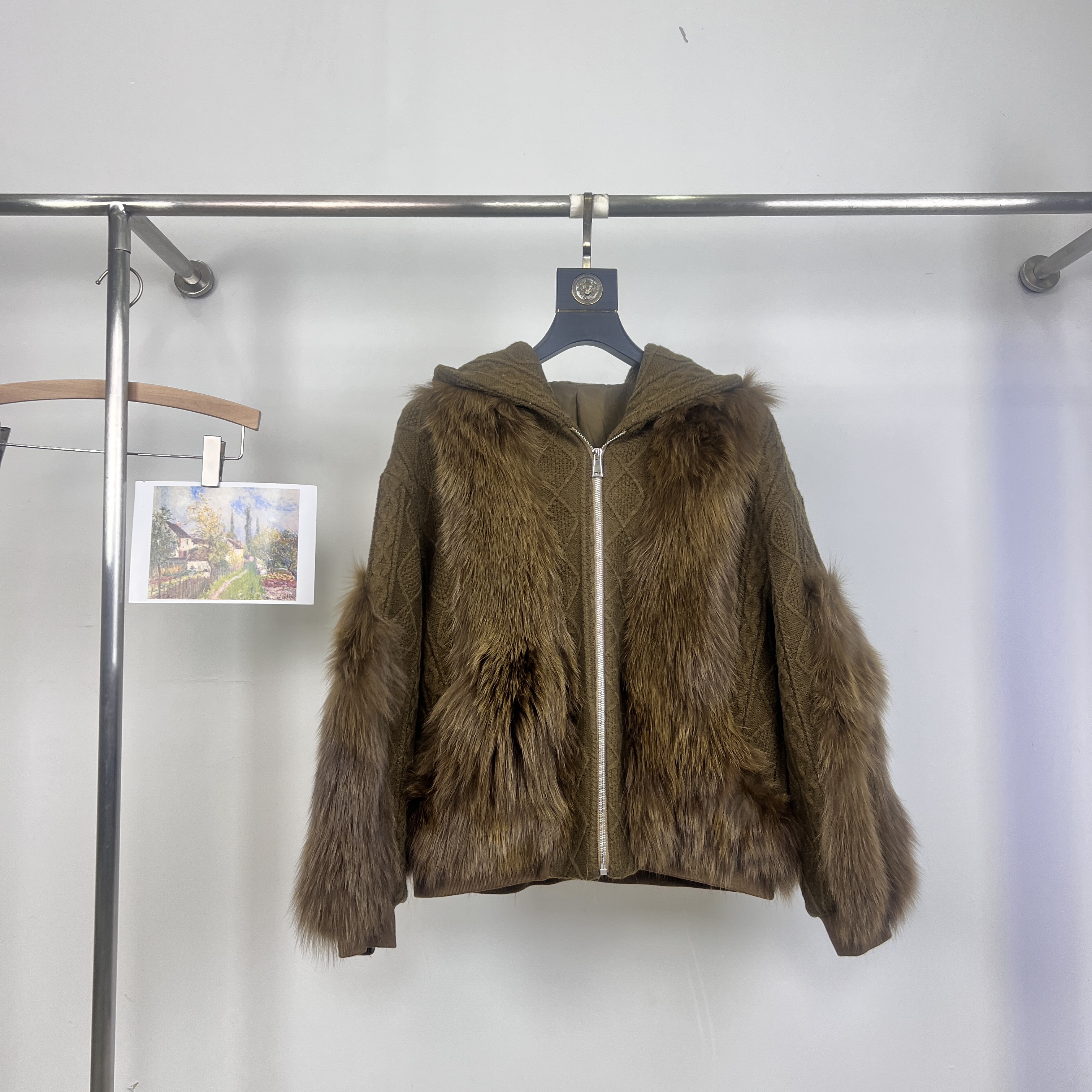 米米设计搭皮毛一体大衣拉链连帽皮草(含100狐狸毛)FM122