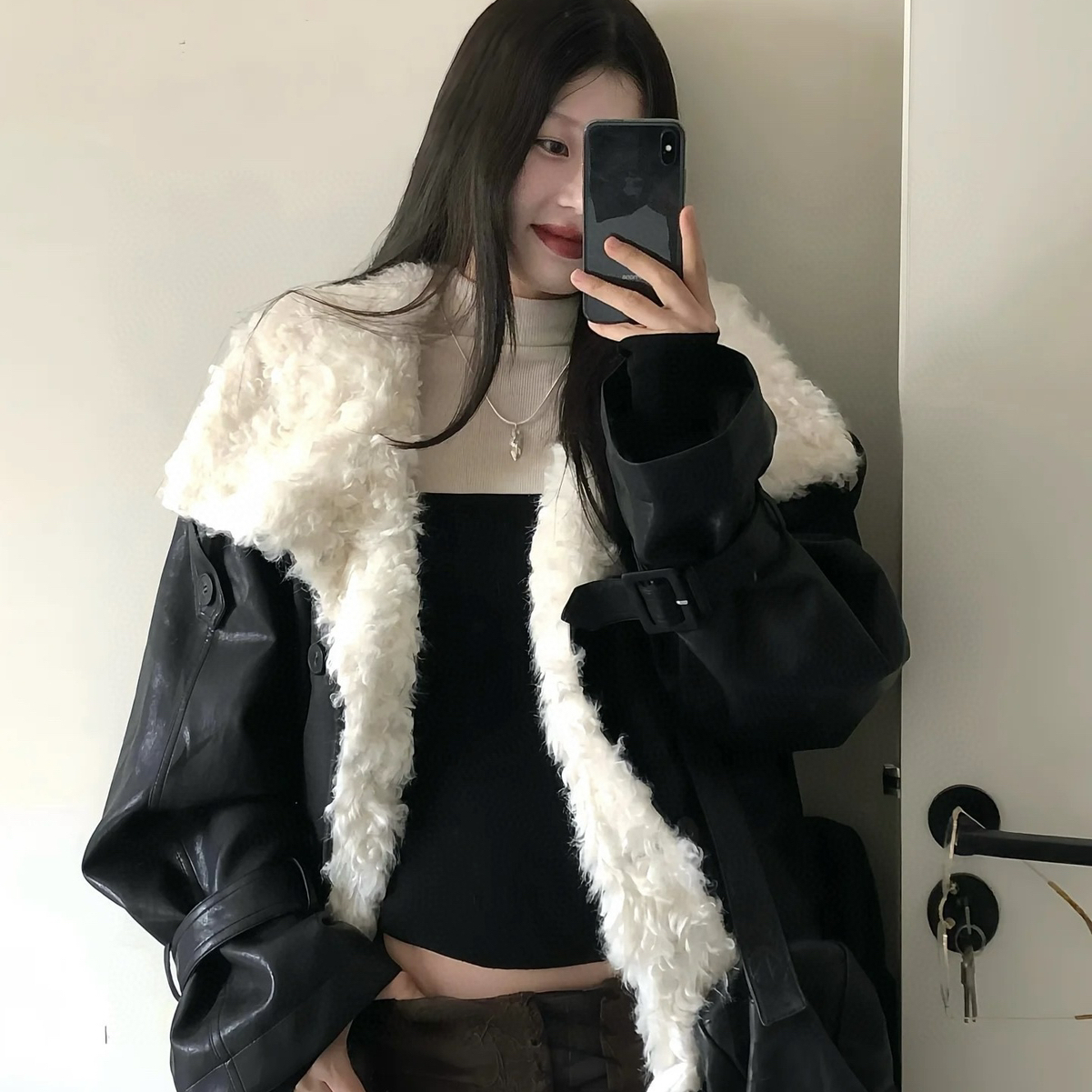 米米设计冬上新小众设计师潮牌加厚保暖毛毛拼接外套皮衣V390