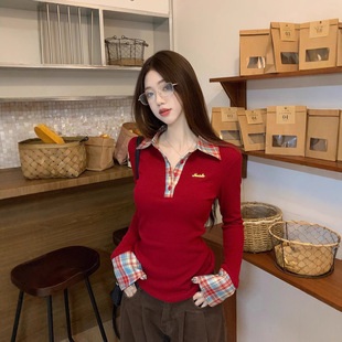 打底衫 复古设计感修身 内搭上衣 秋冬季 小众拼接格子Polo领T恤女装