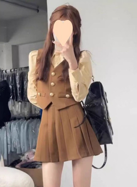 英伦学院风套装裙女秋季新款小西装马甲条纹衬衫长袖百褶裙