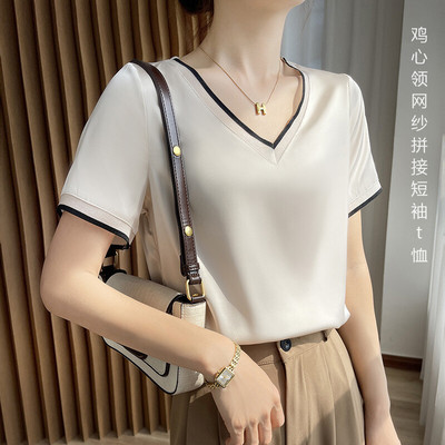 夏季女装批发白色t恤内搭打底衫上衣女鸡心领网纱拼接短袖t恤女夏