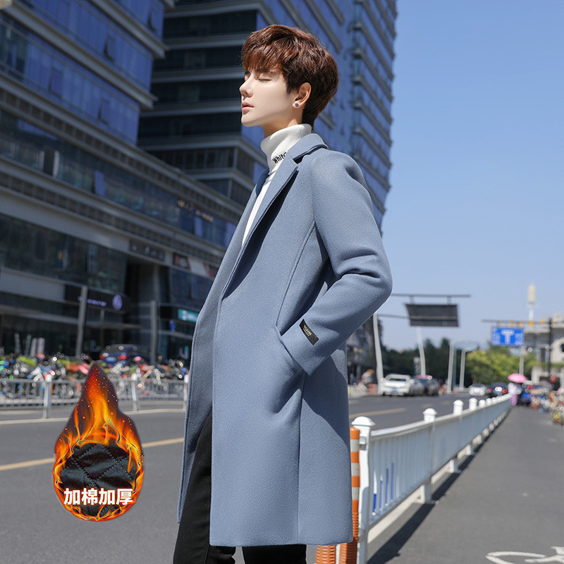 加绒加厚韩版修身潮流秋冬季呢子外套男士黑色风衣中长款毛呢大衣