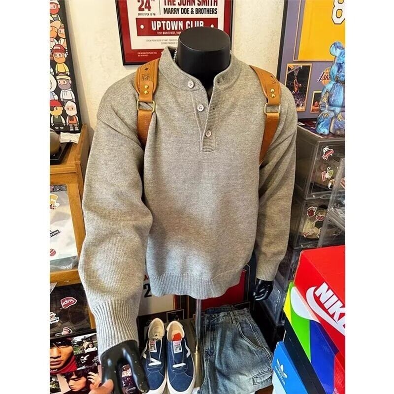 深秋亨利领毛衣男款秋季美式复古高级感针织衫cleanfit内搭打底衫